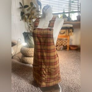 Adorable soft Plaid Overall Dress with pockets mini orange yellow brown
